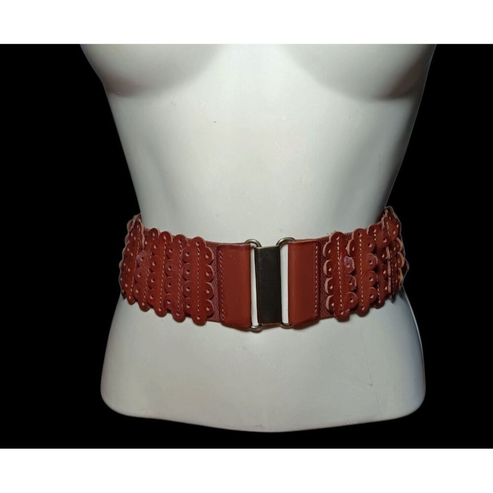 Elastic Stretch Tooled Leather Belt with Brass Buckle Fits 30" - 36" waist